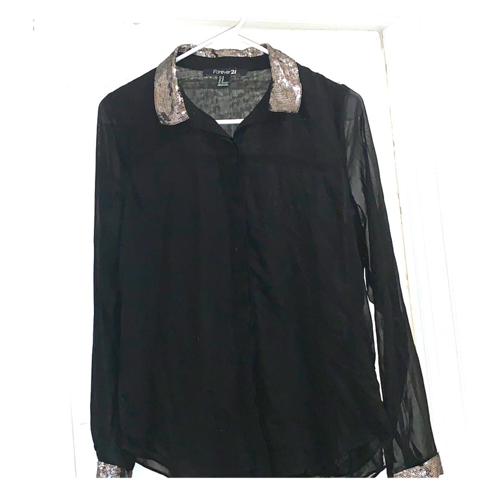 Sheer black w/ silver sequin detailed button up